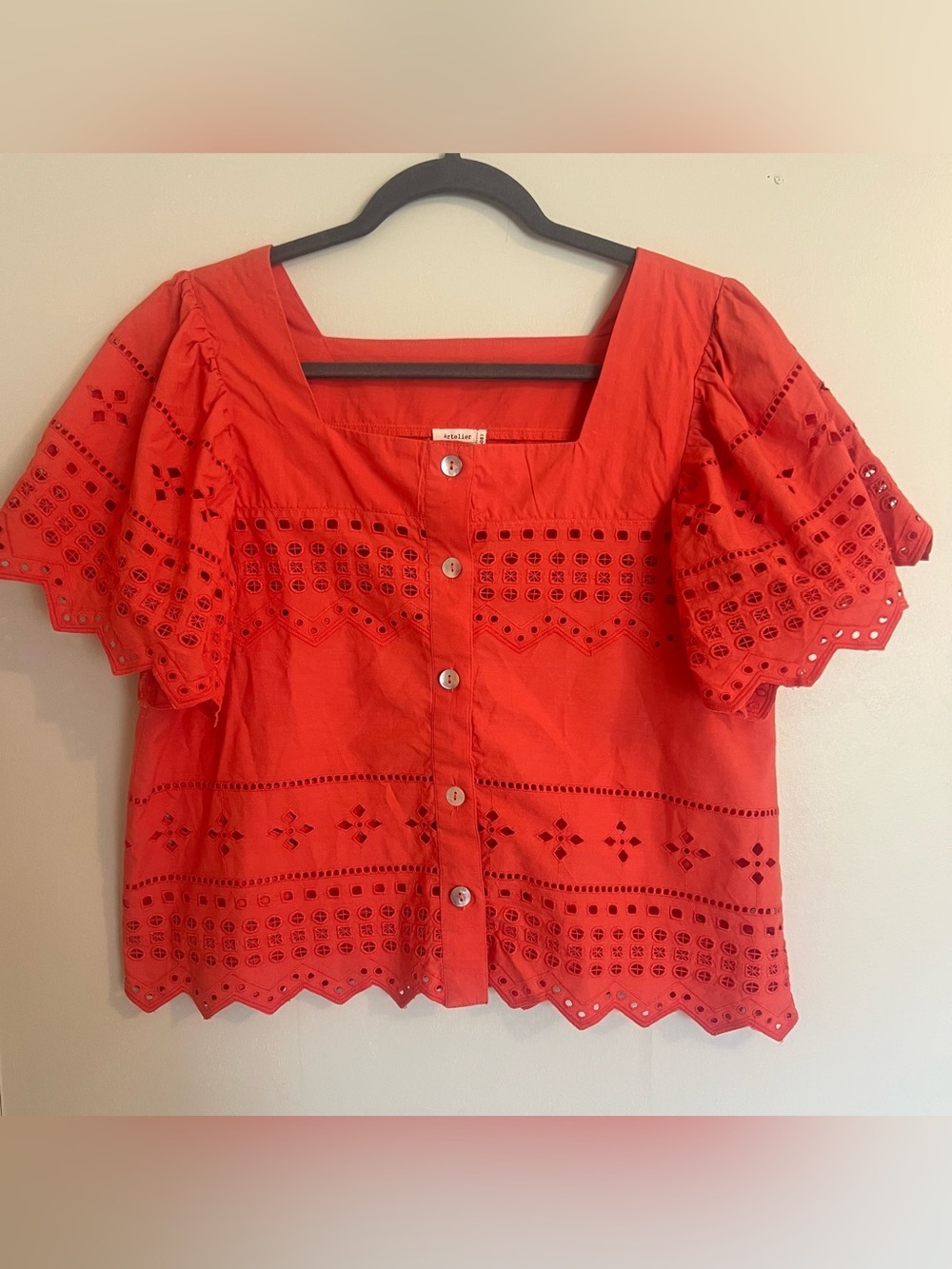 Eyelet Button-Down Cotton Top in Coral Red